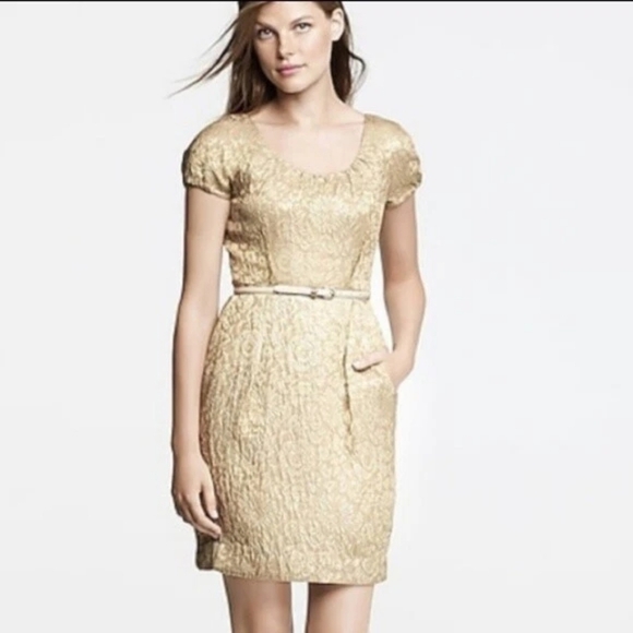 J.Crew Gold Brocade Silk Blend Floral Cocktail Dress w/ Cap Sleeve, Size 6 - Picture 1 of 9